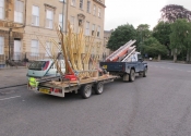 Andy's Landrover and the Sun Flower loaded onto the trailer at Bathwick Hill, Bath