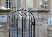 Gothic style single gates at Norton St Philip School